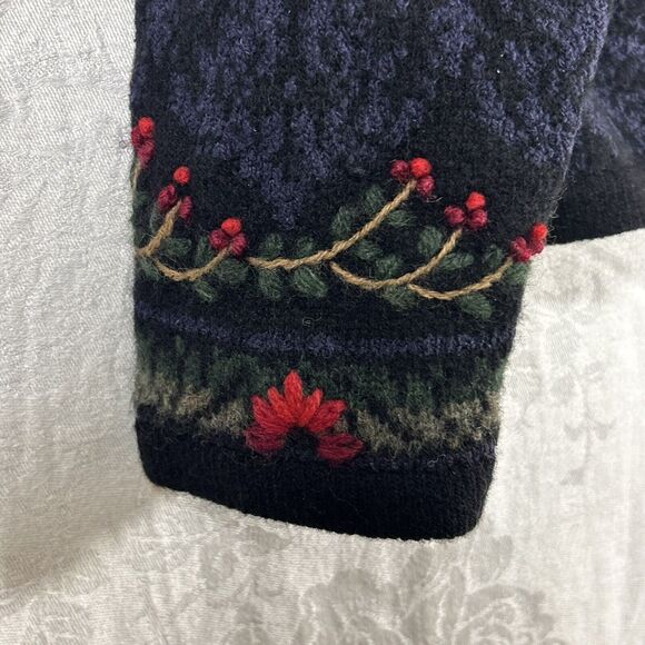 Vintage Cardigan Sweater Large Black Lambswool Silk Floral Embroidered 3D Talbot - Picture 2 of 16